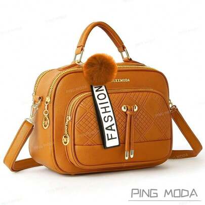 Bolsa Feminina Com Chaveiro De Pompom Em Couro PU Espaçosa Tira Colo Faixa de Mão Tranversal DEC6168#