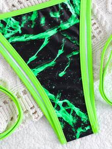 Conjunto de bikini de dos piezas con top de triángulo de cuello halter y Bottom tipo cheeky con estampado de mármol verde, de tela elástica para traje de baño de verano, elegante atuendo de playa para mujer - Verde - Ver 4
