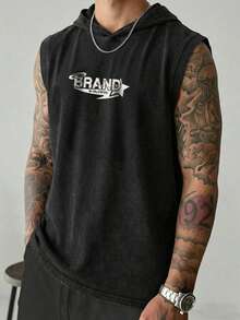 复古深色夏季男士水洗做旧连帽背心 - 黑色 - 查看 2