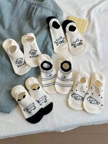 5双装女士可爱条纹波点小狗图案简约船袜，黑白配色，适合日常穿着和外出，四季皆宜 - 彩色 - 查看 10