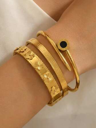 3pcs/1pc Fashion 18K Gold Plated Stainless Steel Four-Leaf Clover Nail Bracelet, Suitable For Women's Party, Daily Wear, European And American Style, Personalized, Generous, Luxury Cubic Zirconia Wristband, Wedding Jewelry Set, Gift For Girls, Women, Relatives, Friends, Beautiful Wedding, Birthday, Valentine's Day