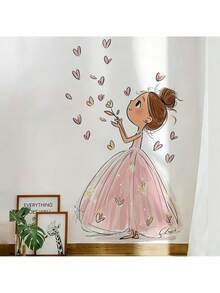 1 Sheet Girls Princess Door Stickers, Pink Ball Gown Dress And Hearts, Cute Cartoon Princess Decals For Nursery Kids Bedroom Living Room Door Decor, Removable Peel And Stick, Dreamy Cottagecore Theme Art - Multicolor - View 3