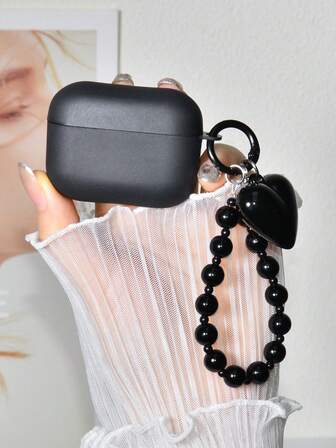 1 Set Black Matte Protective Case + Big Heart Beaded Portable Anti-Lost Lanyard Keychain, Compatible With Apple 2/3/Pro/Pro2/Pro3/4, Soft TPU Earphone Anti-Drop Protective Cover