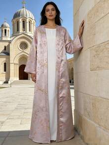 Jacquard Pink Sakura Robe, Modest Style, Long Sleeve, Casual Wear, Women's Clothing, Spring & Fall Fashion, Comfortable And Stylish Long Coat, Modest Muslim Thobe - Pink - View 3