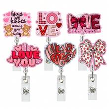 1pc Stretchy Medical Clip, Heart English Badge, Rotatable Glitter Bow Tie Badge Reel, Valentine's Day Couple Badge, Couple Gift - Multicolor - View 2