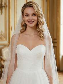 1 pièce Voile de mariée en tulle scintillant et étoilé avec perles, voile de mariage à couche unique de longueur mi-doigt, accessoire de cheveux de mariage de longueur de chapelle - A - Voir 14