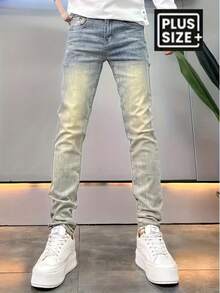125 Autumn Winter Plus Size Men's Jeans, Heavy Duty Washed Natural Faded, Hand Rubbed Three-Dimensional Cat Whiskers Pattern, Retro Minimalist Style, Mid-Waist Design Elastic Slim Fit Small Straight Leg, Fabric Machine Washable, YKK Zipper Closure, Suitable For All Seasons, Business And Casual, Fashion Plus Size Men's Denim Pants - 泥黃色 - 查看 8