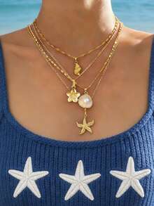 4pcs Bohemian Vintage Multi-Layer Necklace Set With Ocean-Themed Charms - Includes Starfish, Shell, Pearl, Flower Pendants. Suitable For Vacation, Summer Party Outfits, Luxurious Beachy Vibe - Yellow Gold - View 5