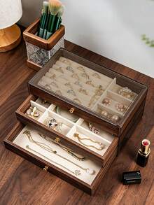 1pc 3-Tier Vintage Walnut Wood Jewelry Box, Drawer Style Jewelry Organizer Box For Rings, Earrings, Necklaces, Bracelets, Elegant Transparent Plastic & Velvet Drawers Jewelry Storage Box - Multicolor - View 4