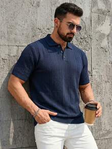男士春夏翻领短袖纹理人字纹罗纹针织修身复古绅士风休闲精致 Polo 衫，男士设计师针织 Polo 衫 - 寶藍色 - 查看 3