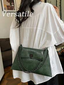 1pc Solid Color PU Leather Handbag With Lock Closure, Fashionable Crossbody Bag Suitable For Shopping, Dating, Women's Gift - Dark Green - View 5