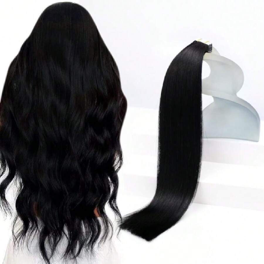 Tape In Hair Extensions Human Hair 14inch Hair Extensions Real Human Hair Tape In Extensions For Women Jet Black Invisible Remy Hair Natural Straight Skin Weft Double Sided Tapes 20Pcs 50g,38531589 - 黑色 - 查看 1