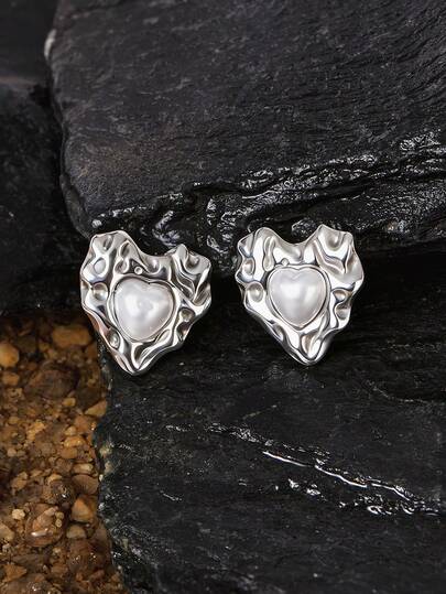 Opalesca 1 对不锈钢不对称纹理时尚大心形耳钉，适合日常佩戴情人节