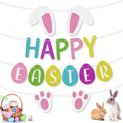 1 Set Paper Glitter Happy Easter Banner, Colorful Easter Eggs And Rabbit Ears Decor, Paper For Indoor Outdoor Spring Party Decoration, Party Banner, Pennant