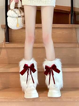 1 Pair Cute Fluffy Leg Warmers, Y2K Bow Lolita Plush Leg Warmers, Autumn/Winter