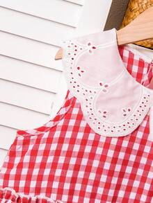 Girls Red & White Plaid Dress With Large Collar, Classic Retro Gingham Pattern, Layered Ruffle Hem Design, Cute & Charming For Birthday Party Or Outdoor Picnic, Spring/Summer - Red - View 7
