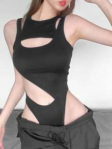Top Dazzle 女士无袖吊带背心连体衣，高开衩设计，微弹涤纶面料，休闲度假嘉年华必备 - 黑色 - 查看 3