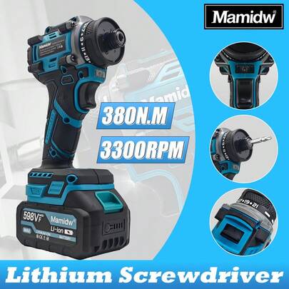 Mamidw 3300RPM 无绳电动螺丝刀，空载转速高，扭矩高达 380 牛米，一键正反转开关，性能强劲，钻孔轻松便捷（仅主机），兼容 Makita 18V 电池针脚