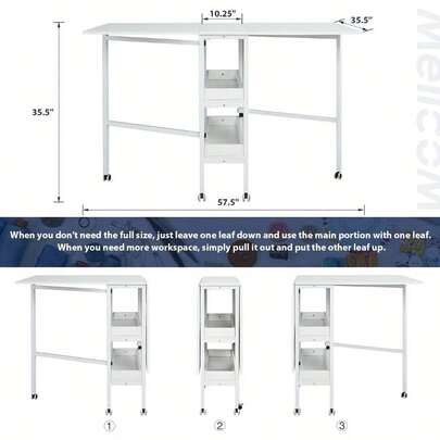 Folding Craft Table With Storage Shelves, Mobile Sewing Cutting Table For Fabric Projects, Adjustable Height Foldable Workstation For Home Office, Sewing Room & Craft Room