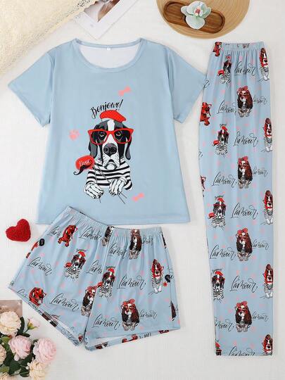 [Livanti Pajamas]3pcs/Set Women's Sleepwear Set, Includes Short Sleeve Top, Shorts And Pants, Cute Bow & Dog Print Pattern, Comfortable & Loose Fit, Suitable For All Seasons