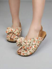 波西米亚公主风女童凉鞋，夏季儿童罗马沙滩鞋，带蝴蝶结，女婴绑带拖鞋 - 米色 - 查看 4