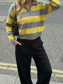 Women's Sweet & Fashionable Loose Polo Collar Striped Long Sleeve Casual Knit Sweater, Spring/Summer - Yellow Gray - View 6