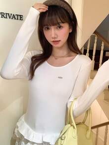 法式蕾丝荷叶边圆领修身打底长袖上衣 - 白色 - 查看 5