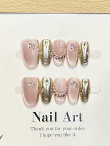 10 unhas postiças artesanais ovais curtas, minimalistas, douradas, rosas, com efeito olho de gato, espelhadas com pó cromado, com pérolas e incrustadas, para um toque outonal sofisticado e elegante. Perfeitas para festas, encontros, viagens à praia e destinos tropicais. Ideais para criar unhas postiças DIY, perfeitas para mulheres e meninas como presente. Suprimentos para unhas. - Multicolorido - Ver 1