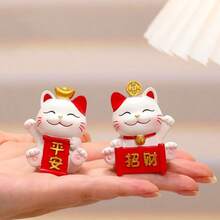 1pc Mini Cute Maneki-Neko (Beckoning Cat) Figurine, Resin Material, Mini Animal Decor, Perfect For Decorating Plants, Cars, Landscapes, Office Desks, Shops, Feng Shui Gift, Home & Business Gift, Birthday Gift, Wealth Attracting Ornament, New Year Gift - Multicolor - View 10