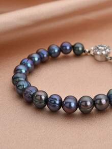 1pc 18K Gold Plated Natural Pearl Bracelet, Suitable As Women's Birthday Gift Or For Evening Wear - Black - View 2