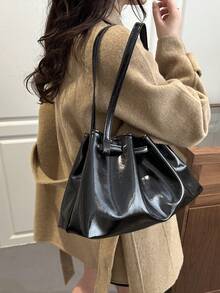New Vintage Style Drawstring Bucket Bag, Lightweight Minimalist Design, Large Capacity, Solid Color Soft Leather Shoulder Bag - Black - View 3