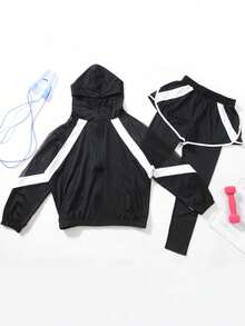 女士极简运动套装，黑色网眼外套，二合一运动裤，健身服，适合瑜伽和骑行