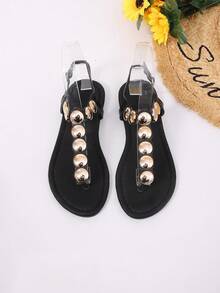 Women's Summer New Solid Color Toe Post Rivet Buckle Flat Sandals, Fashion Versatile Casual Holiday Sandals - Black - View 2