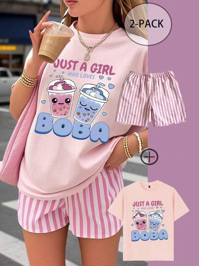 两件套少女夏季套装 - 短袖T恤搭配条纹短裤，时尚/Y2K/街头风，充满艺术气息的上衣和短裤套装