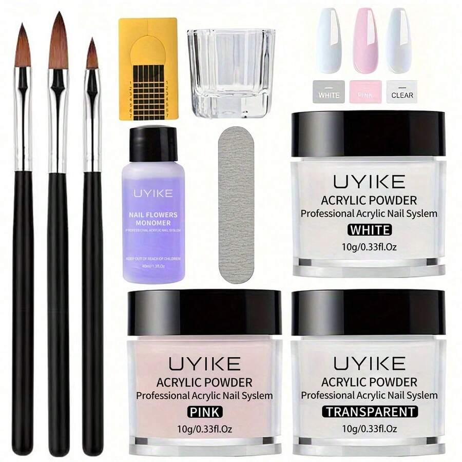10件套亚克力美甲套装 - 透明/白色/粉色亚克力粉和液体套装，包含亚克力美甲刷，持久耐用，专业DIY亚克力美甲，新手友好型亚克力美甲套装 - 白色 - 查看 1