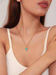 潮流跨境皂石吊坠项链，复古心形/圆形/椭圆形，适合女性日常、派对和度假佩戴 - 金色 - 查看 3