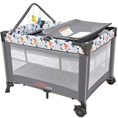 Portable Baby Playard With Bassinet & Changing Table, Foldable Travel Playpen Grey