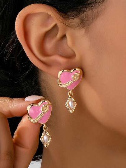 1 Pair Fashionable Elegant Pearl Heart Pendant Pink Earrings For Women, Suitable For Daily Wear, Valentine's Day, Dates, Parties, A Romantic Valentine's Day Gift