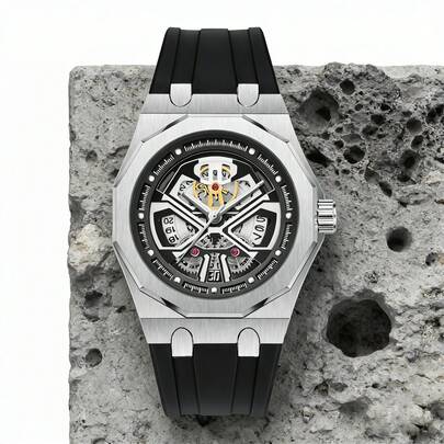 PINTIME 1 adet Erkek Kuvars Kol Saati, 12 Kenarlı , Silikon Kayış, İçi Boş Kadran, Su Geçirmez Fosforlu, Şık İş Takvimli Kol Saati, Her Duruma Uygun, Her Erkeğe Çok Yakışır