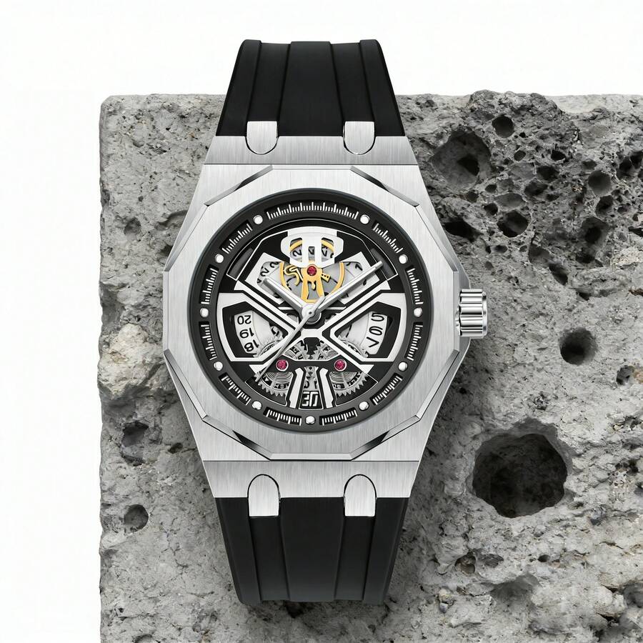 PINTIME 1pc Men's Quartz Watch, 12-Sided Case, Silicone Strap, Hollow Dial, Waterproof Luminous, Fashion Business Calendar Wristwatch, Suitable For All Occasions, Looks Great On Any Man - Một cỡ - Xem 1