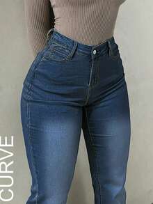 Plus Size Women High Waist Stretch Slim Fit Flare Leg Jeans, Classic Washed - Dark Wash - View 5