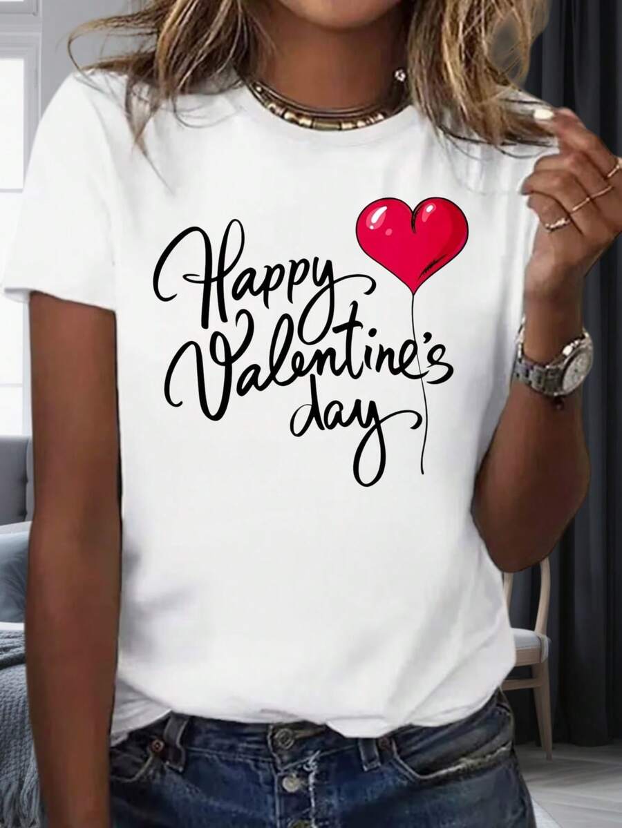 Happy Valentines Day Heart Balloon Graphic T Shirt For Women Casual Valentine Gift TopHappy Valentine's Day 220g - 白色 - 查看 1