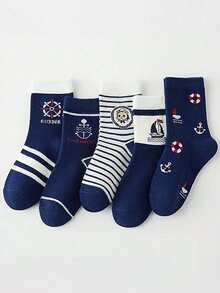 5 Pairs Spring New Ocean Theme Patterned Mid-Calf Socks, Cartoon Sailboat Print, Navy Blue, Suitable For Men, All Seasons - Multicolor - View 2