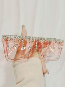 SSPV 1 Peça Óculos da Moda Femininos com Armação Rosa, Parte Superior Plana, Strass e Borla, Adequado para Festas, Fantasias, Decorado com Diamantes e Cristais, Armação Rosa, Óculos da Moda Luxuosos de Festa de Feriado Estilo Y2K, Adequado para Praia, Festas Temáticas (Acompanha Pano de Limpeza) - corrente de strass com pingente decorativo - Visão 12