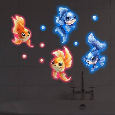 1/2 件装可爱卡通金鱼夜光墙贴，可移除自粘 PVC 防水鱼形贴纸，适用于浴室、客厅、卧室、儿童房和室内家居装饰。