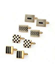 4 pares de gemelos de aleación de cobre chapados en oro con diseños a cuadros y rayados, juego de regalo elegante para hombres, para todas las estaciones - Dorado - Ver 3