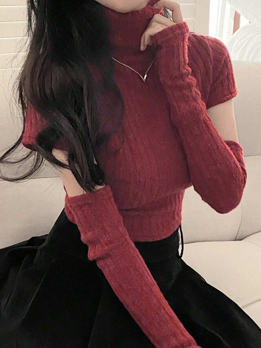 High Neck Pullover Sweater With Sleeve, Festive Vibe, Fitted Knit Top For Women - Burgundy - View 1