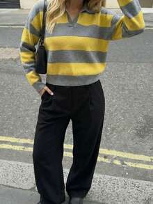 Women's Sweet & Fashionable Loose Polo Collar Striped Long Sleeve Casual Knit Sweater, Spring/Summer - Yellow Gray - View 7