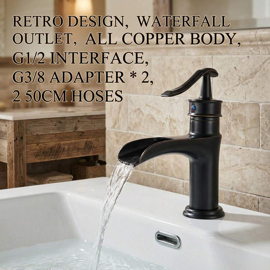 حنفية حوض الحمام الديكورية من البرونز الأسود، صنبور الشلال، جسم من النحاس، تحكم مزدوج في الحرارة والبرودة، صنبور حوض فاخر عصري رجعي، واجهة G1/2، مع 2 خرطوم 60 سم، 2 محول G3/8 - اليد الثانية - مشاهدة 1