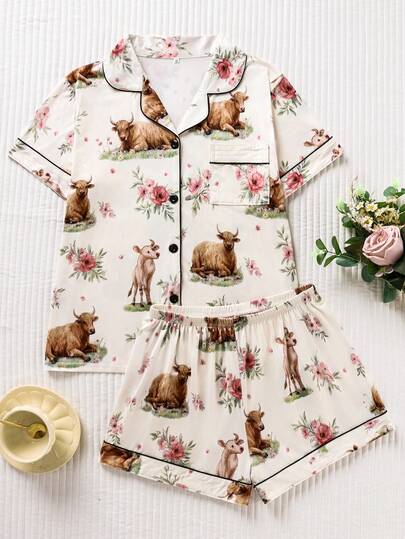 两件套花卉奶牛印花女士睡衣，宽松轻盈纽扣短袖上衣和短裤，轻柔透气女士睡衣套装